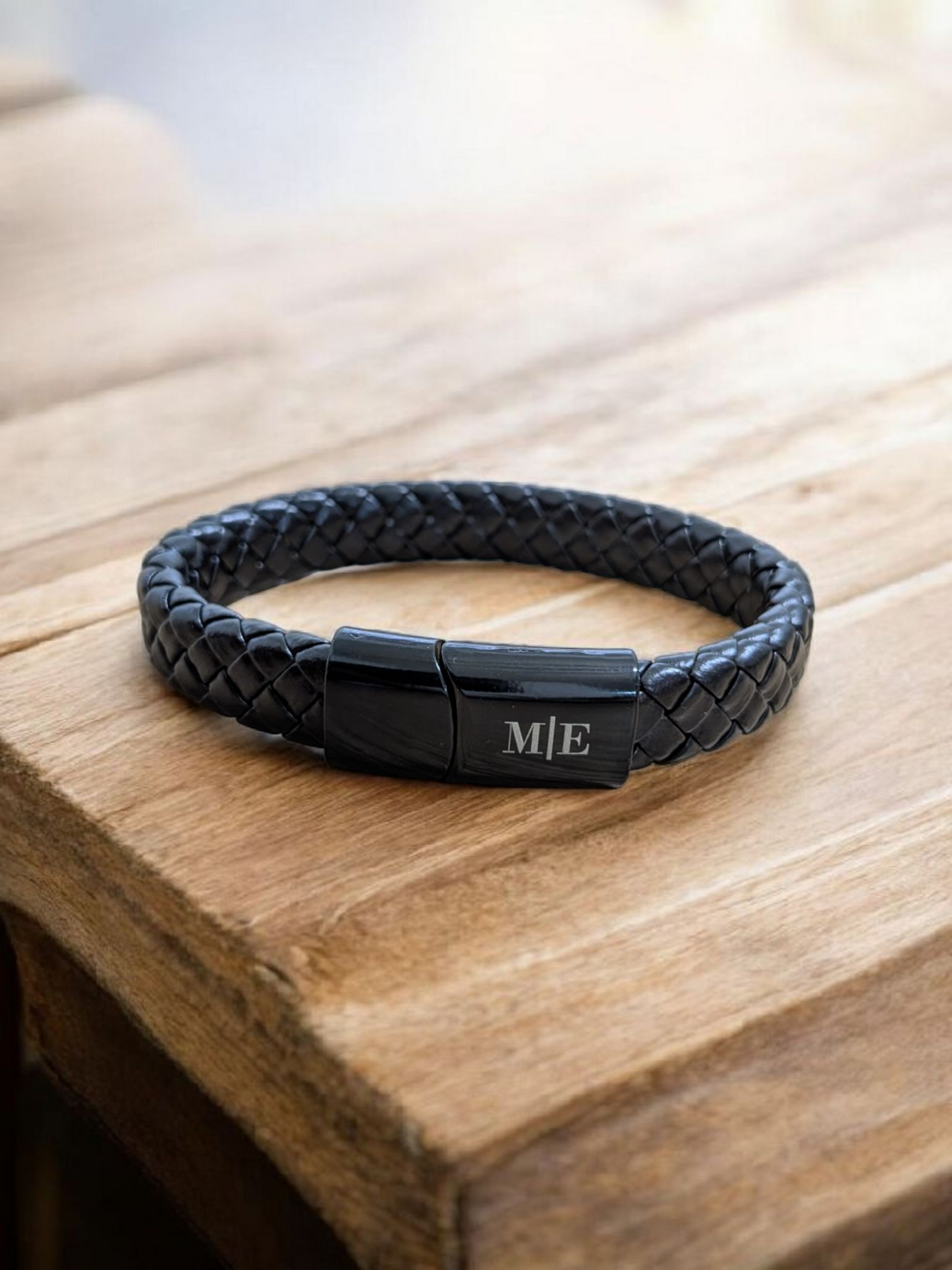 Men's engraved black leather bracelet